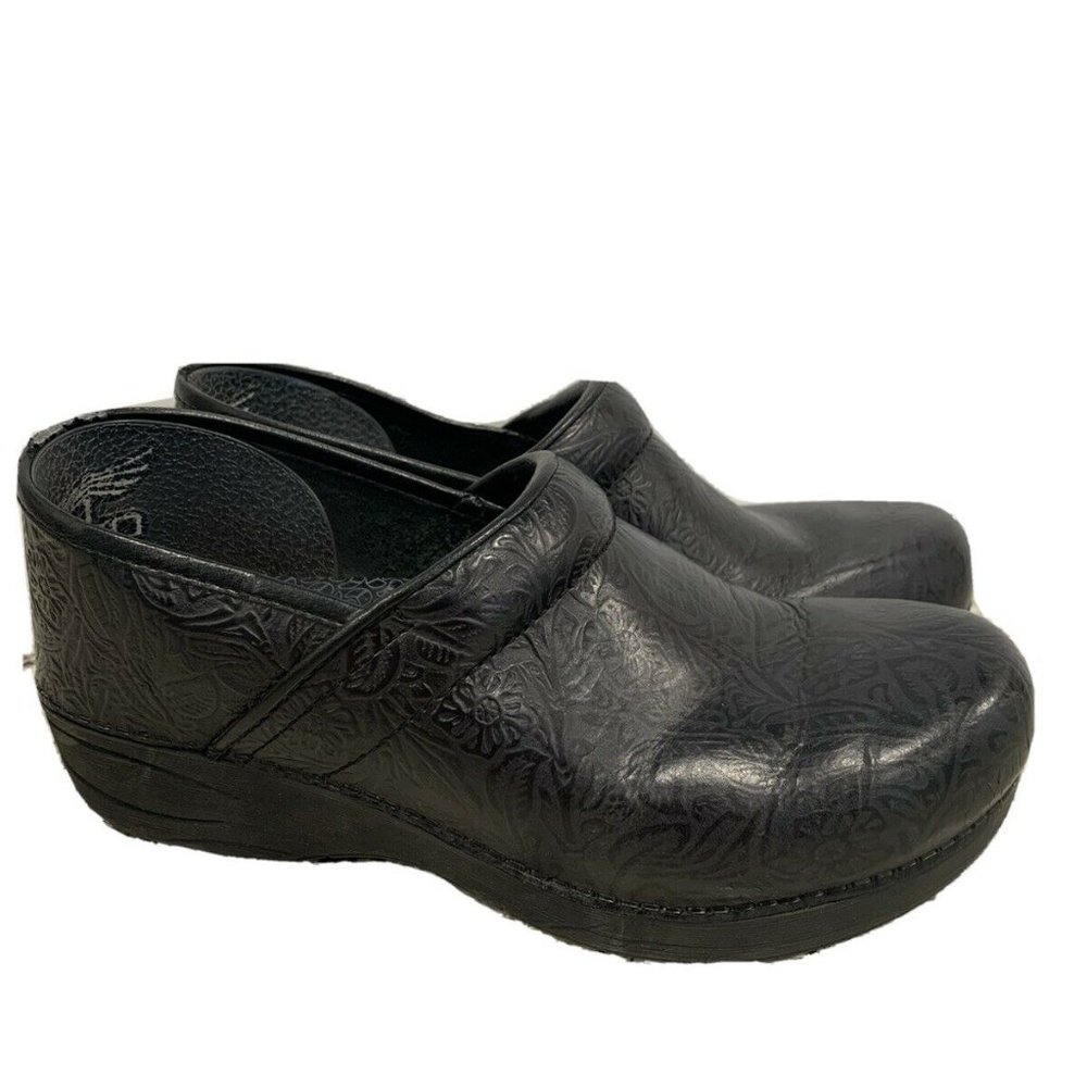 Dansko XP 2.0  Black Leather Floral Clogs